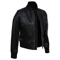 Women's Real Sheep Leather Motorcycle Bomber Jacket | Black The Stitch Fit
