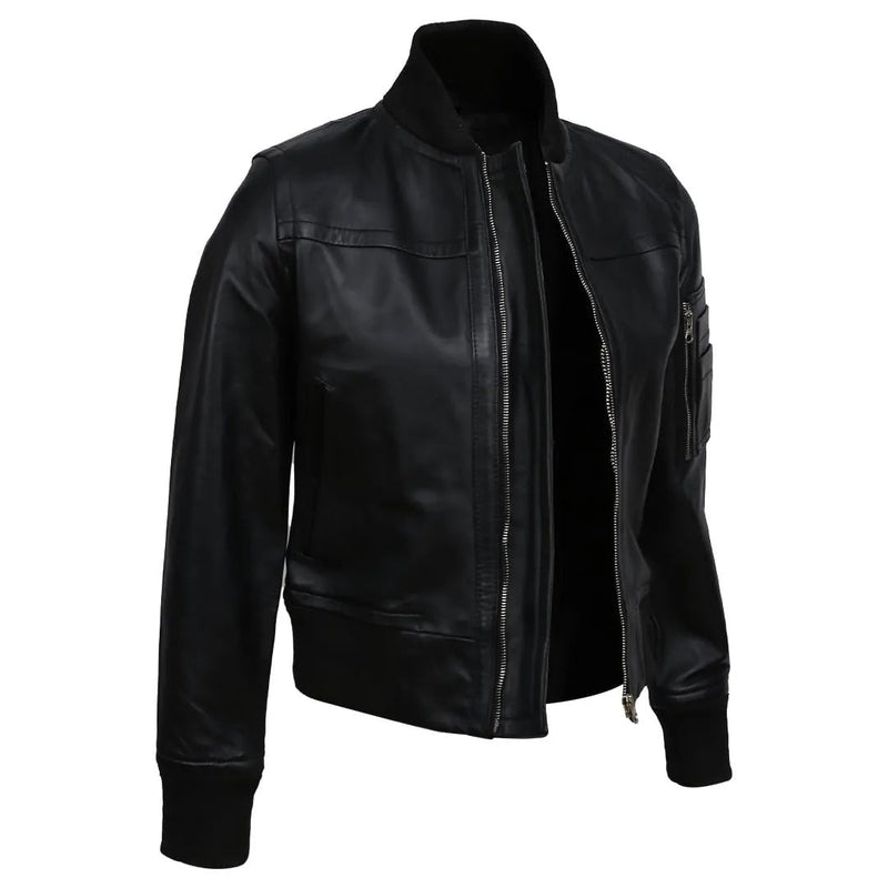 Women's Real Sheep Leather Motorcycle Bomber Jacket | Black The Stitch Fit