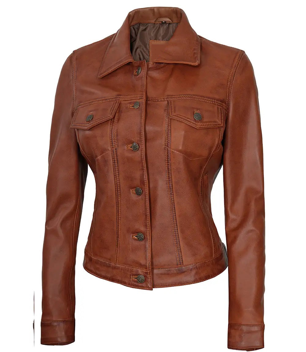 Women's Leather Harrington Moto Trucker Jacket | Brown The Stitch Fit