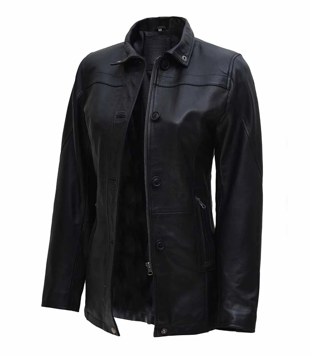 Women's 3/4 Length Button + Zipper Closure Leather Coat | Black The Stitch Fit
