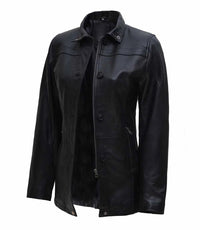 Women's 3/4 Length Button + Zipper Closure Leather Coat | Black The Stitch Fit