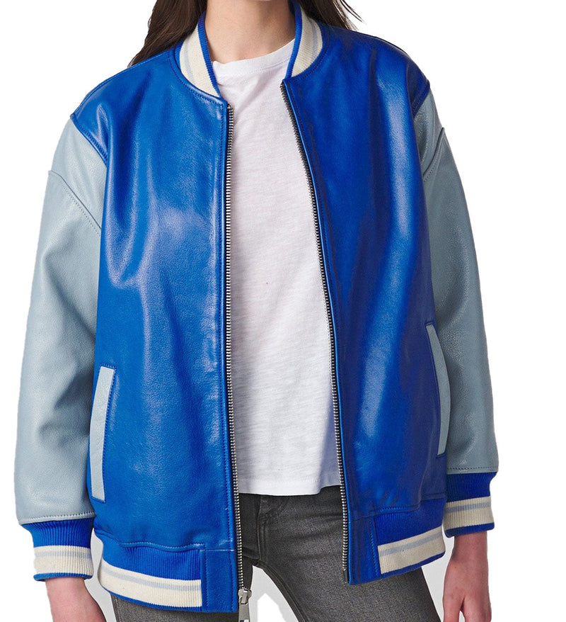 Women's Varsity Leather Suede Bomber Jacket | Blue The Stitch Fit
