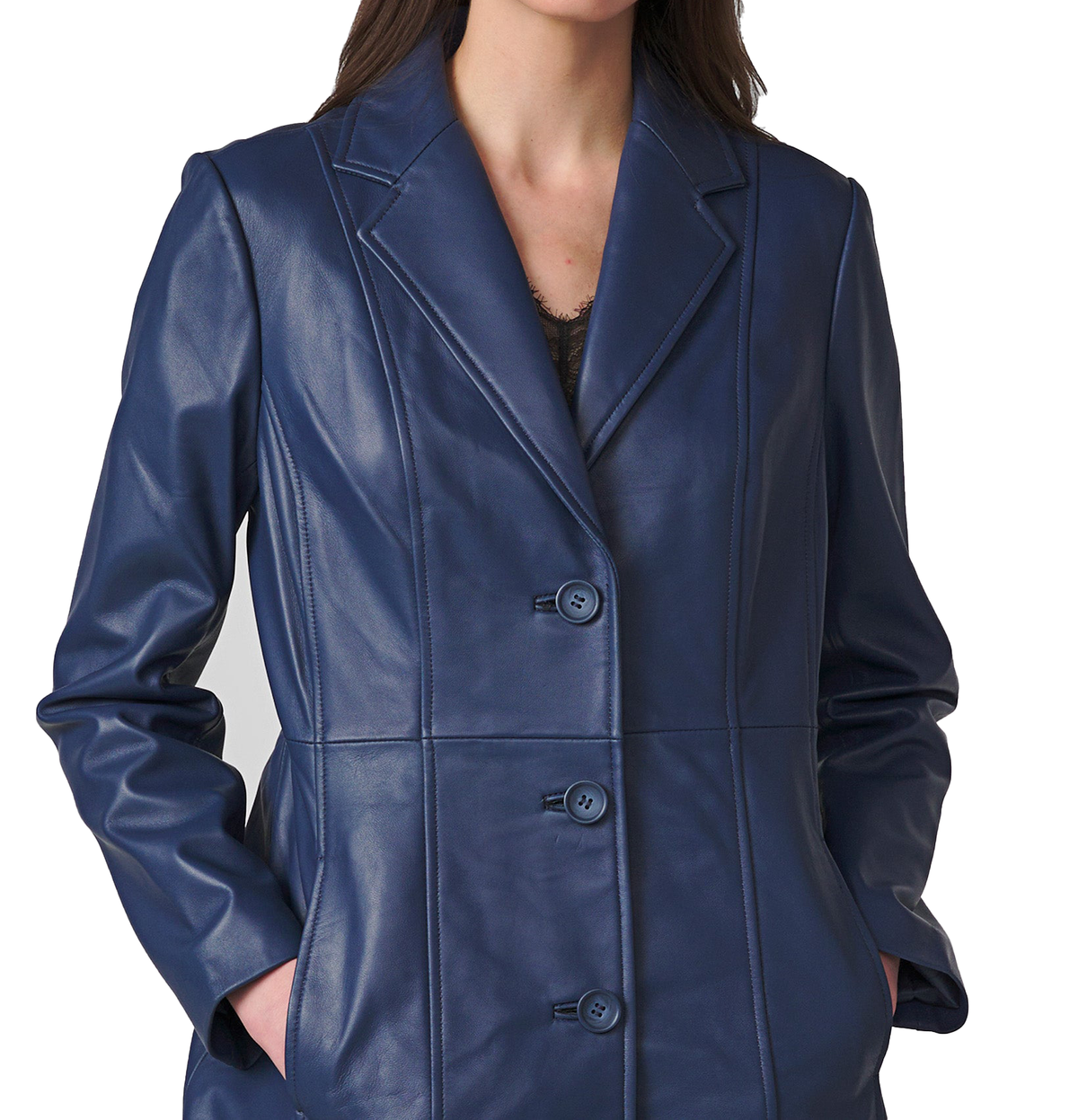Women's Real Long Leather Trench Coat | Blue The Stitch Fit