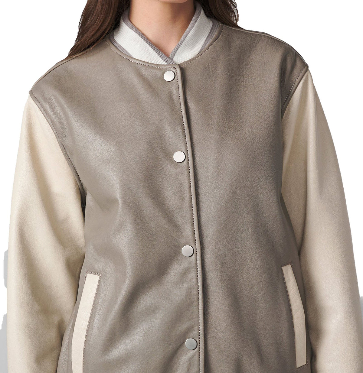 Women's Varsity Leather Suede Bomber Jacket | Gray The Stitch Fit
