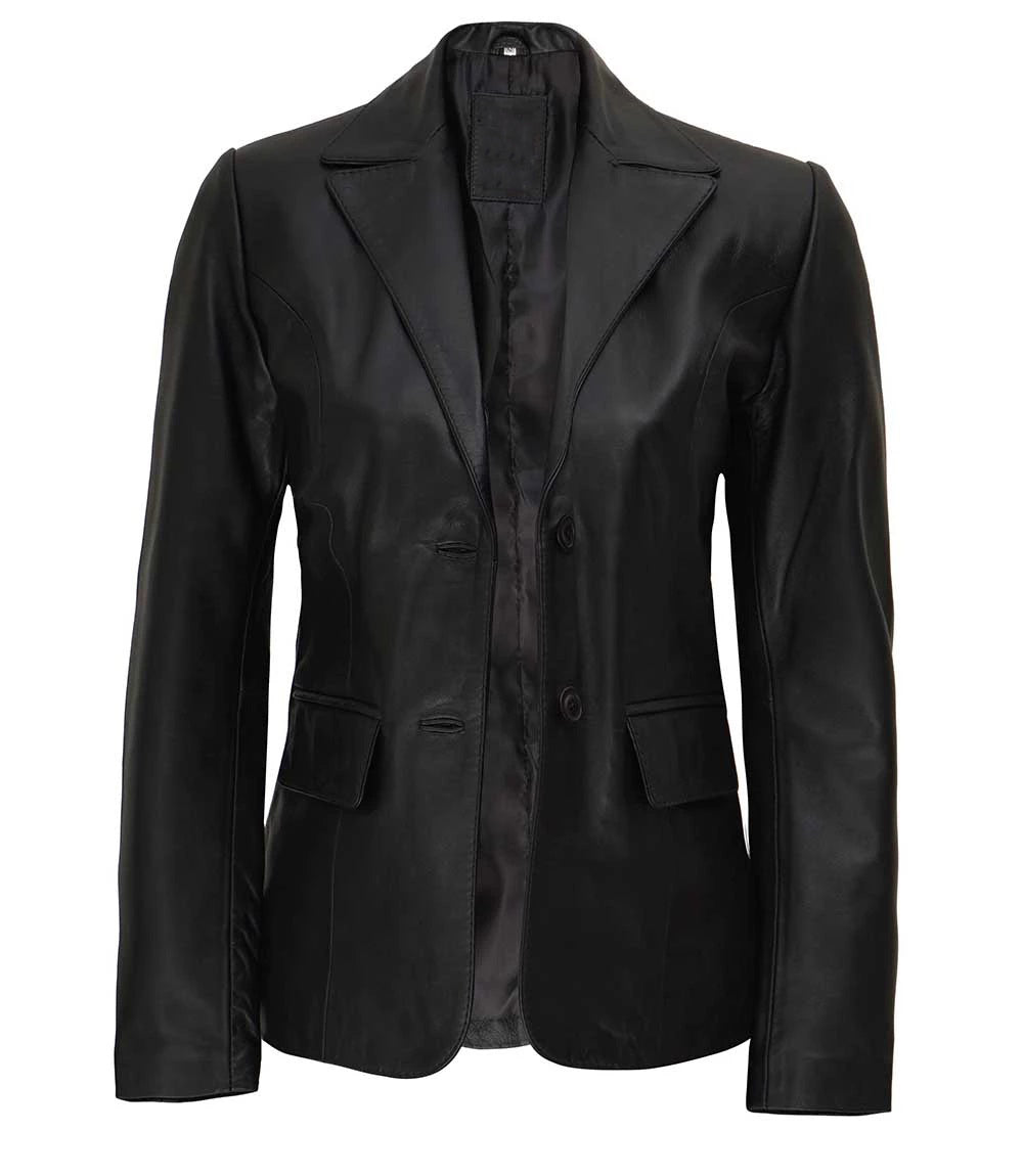 Women's Two Button Black Lambskin Leather Blazer Jacket | Black