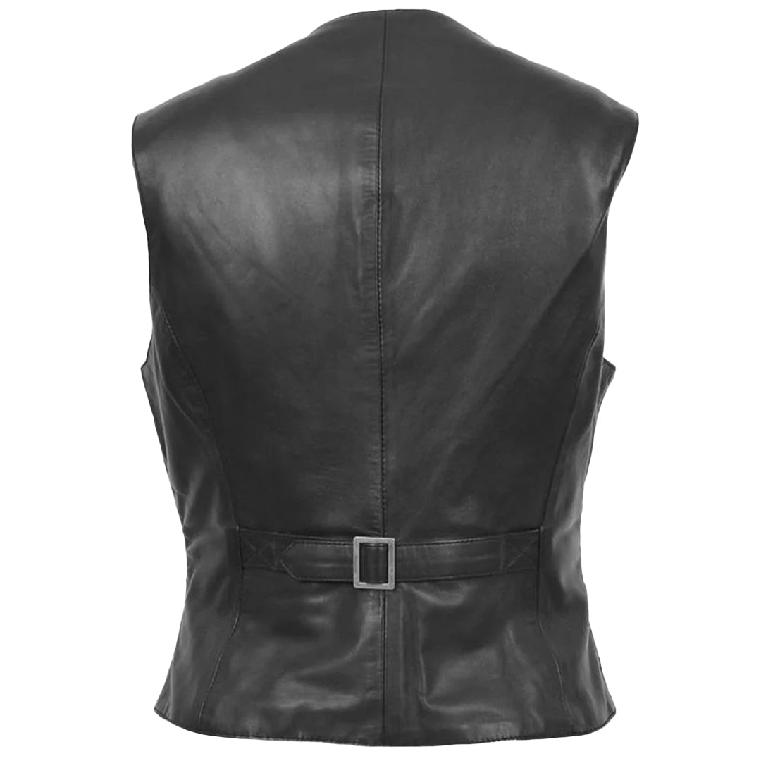 Women's Sheepskin Leather V Neck Vest, 4-Button Closure, Back Adjuster Strap | Black The Stitch Fit