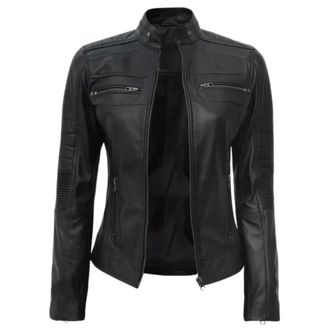 Women's Leather Cafe Racer Biker Jacket with Stand Collar, Padded Shoulders & Sleeves | Black The Stitch Fit