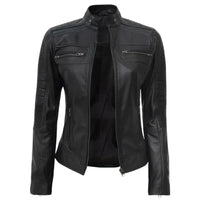 Women's Leather Cafe Racer Biker Jacket with Stand Collar, Padded Shoulders & Sleeves | Black The Stitch Fit