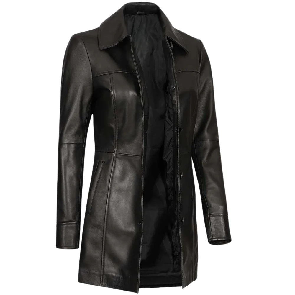 Women's Genuine Lambskin Leather Coat, 3/4 Length | Black The Stitch Fit