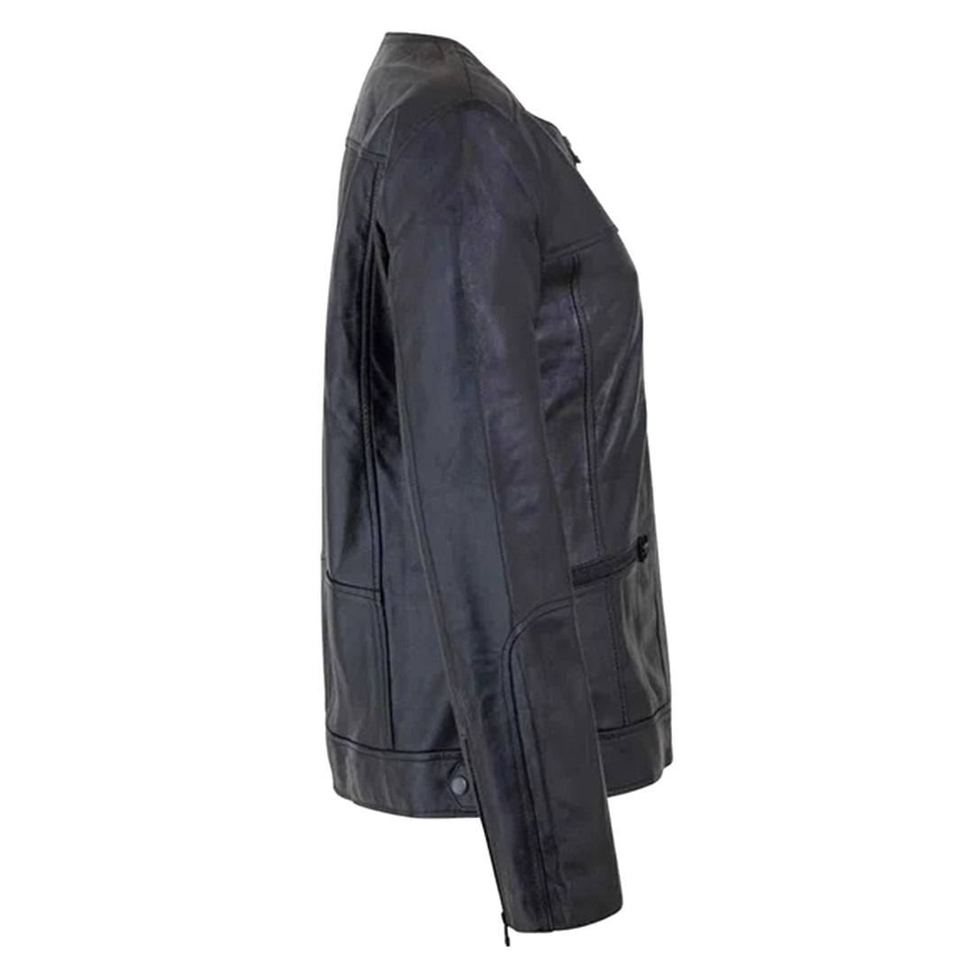 Women's Café Racer Zip-Front Leather Jacket, Collarless Design | Black The Stitch Fit