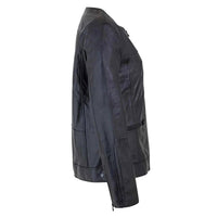 Women's Café Racer Zip-Front Leather Jacket, Collarless Design | Black The Stitch Fit