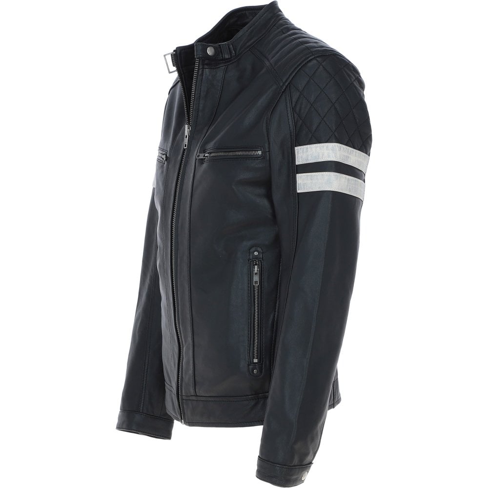 Men's Motorcycle Leather Jacket  Quilted Shoulders, Full Zip | Black & Blue The Stitch Fit