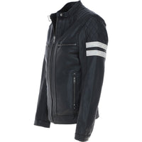 Men's Motorcycle Leather Jacket  Quilted Shoulders, Full Zip | Black & Blue The Stitch Fit