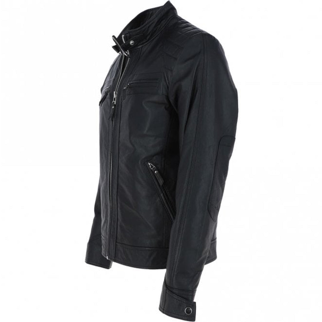Men's Motorcycle Leather Jacket, Multiple Zippered Pockets | Black The Stitch Fit