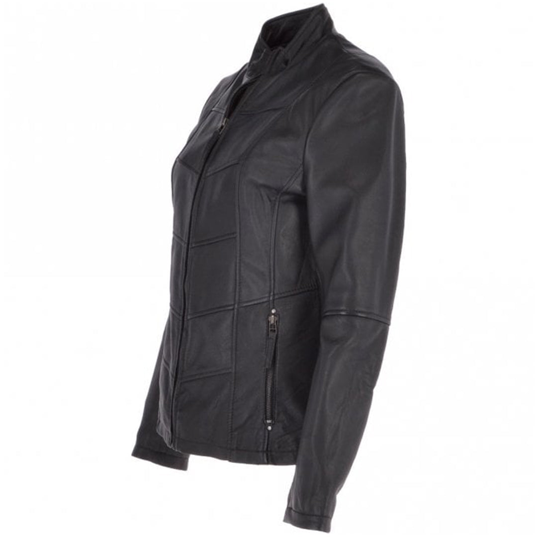 Women's Biker Style Leather Jacket With Zip Front & Stand Collar | Black The Stitch Fit