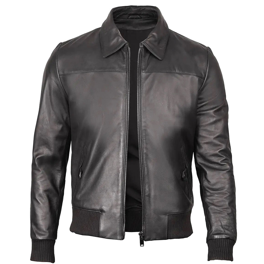 Men's Bomber Leather Jacket  Ribbed Collar & Cuff | Black The Stitch Fit