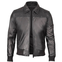 Men's Bomber Leather Jacket  Ribbed Collar & Cuff | Black The Stitch Fit