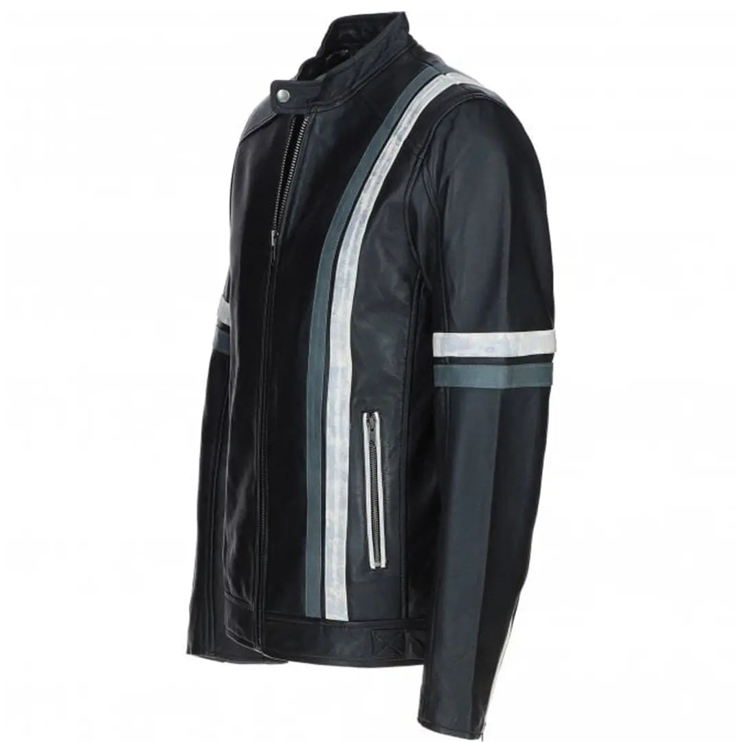 Men's Motorcycle Leather Jacket Gray & White Stripes | Blue & Black The Stitch Fit