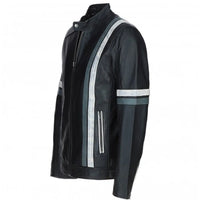 Men's Motorcycle Leather Jacket Gray & White Stripes | Blue & Black The Stitch Fit