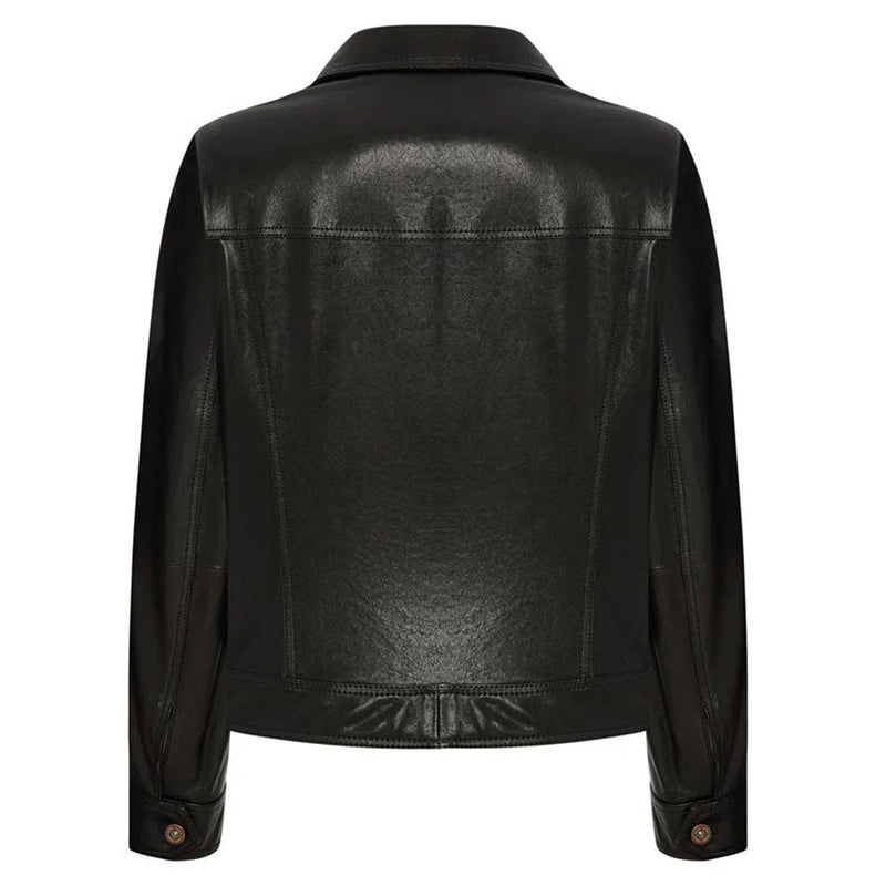 Women's Leather Trucker Jacket, Lambskin, Zip Front | Black The Stitch Fit