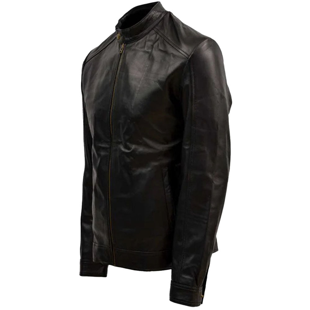 Men's Sheep Leather Moto Jacket with Stand Collar, Zip Closure | Black The Stitch Fit