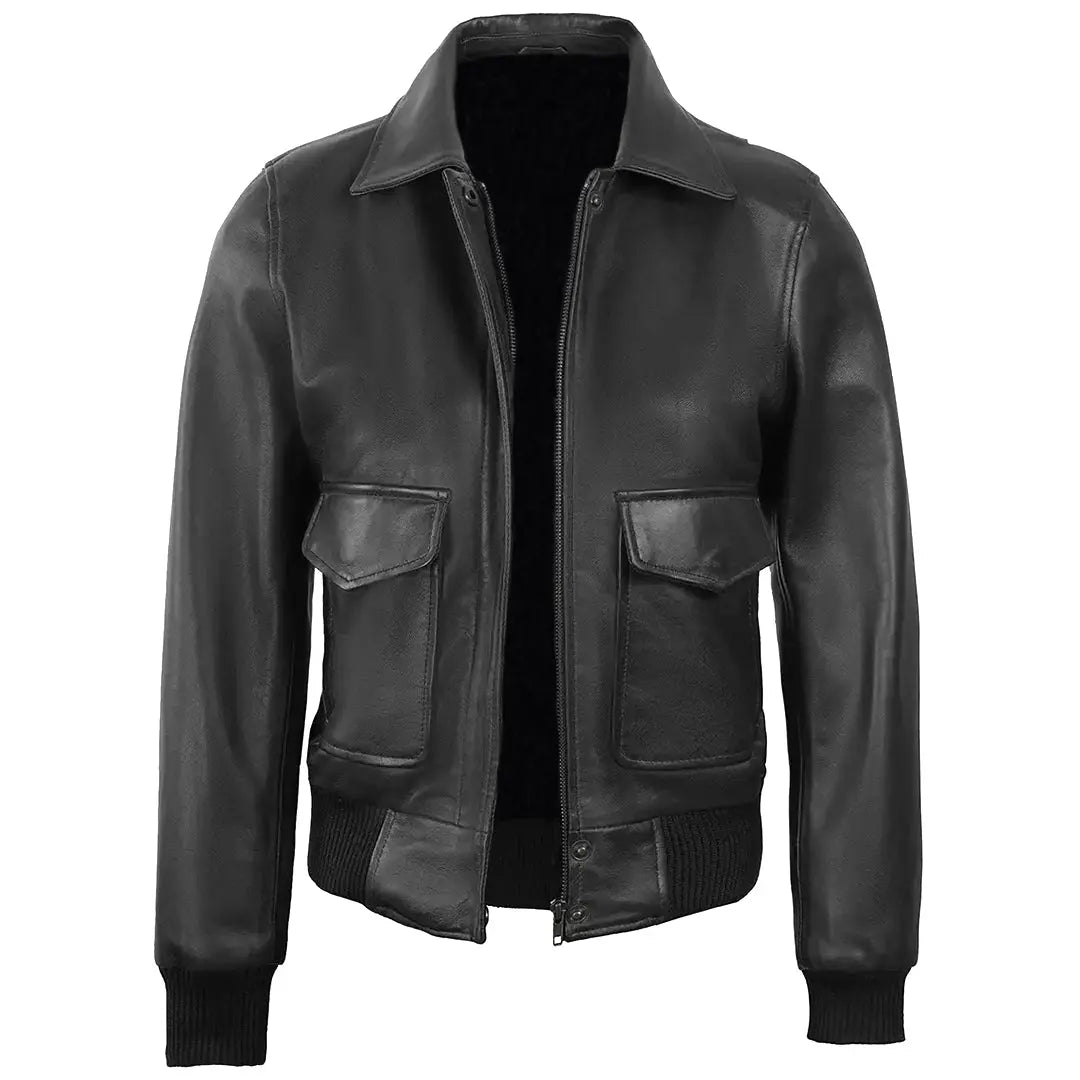 Women's Classic Leather Shirt Collar Bomber Jacket, Zip Front, Ribbed Trim | Black The Stitch Fit