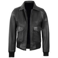 Women's Classic Leather Shirt Collar Bomber Jacket, Zip Front, Ribbed Trim | Black The Stitch Fit