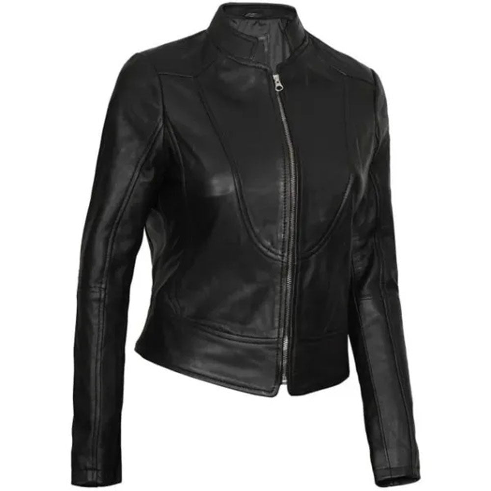 Women's Cafe Racer Motorcycle Leather Jacket, Stand Collar, Front Zipper | Black The Stitch Fit