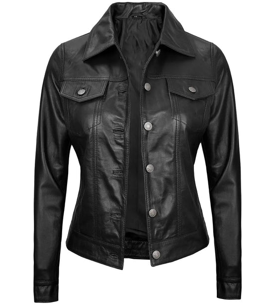 Women's Real Leather Cafe Racer Style Jacket | Black