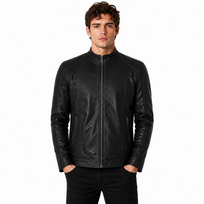 Man wearing a black leather jacket on a white background