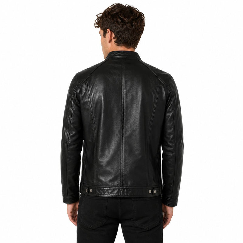 Man wearing a black leather jacket on a white background