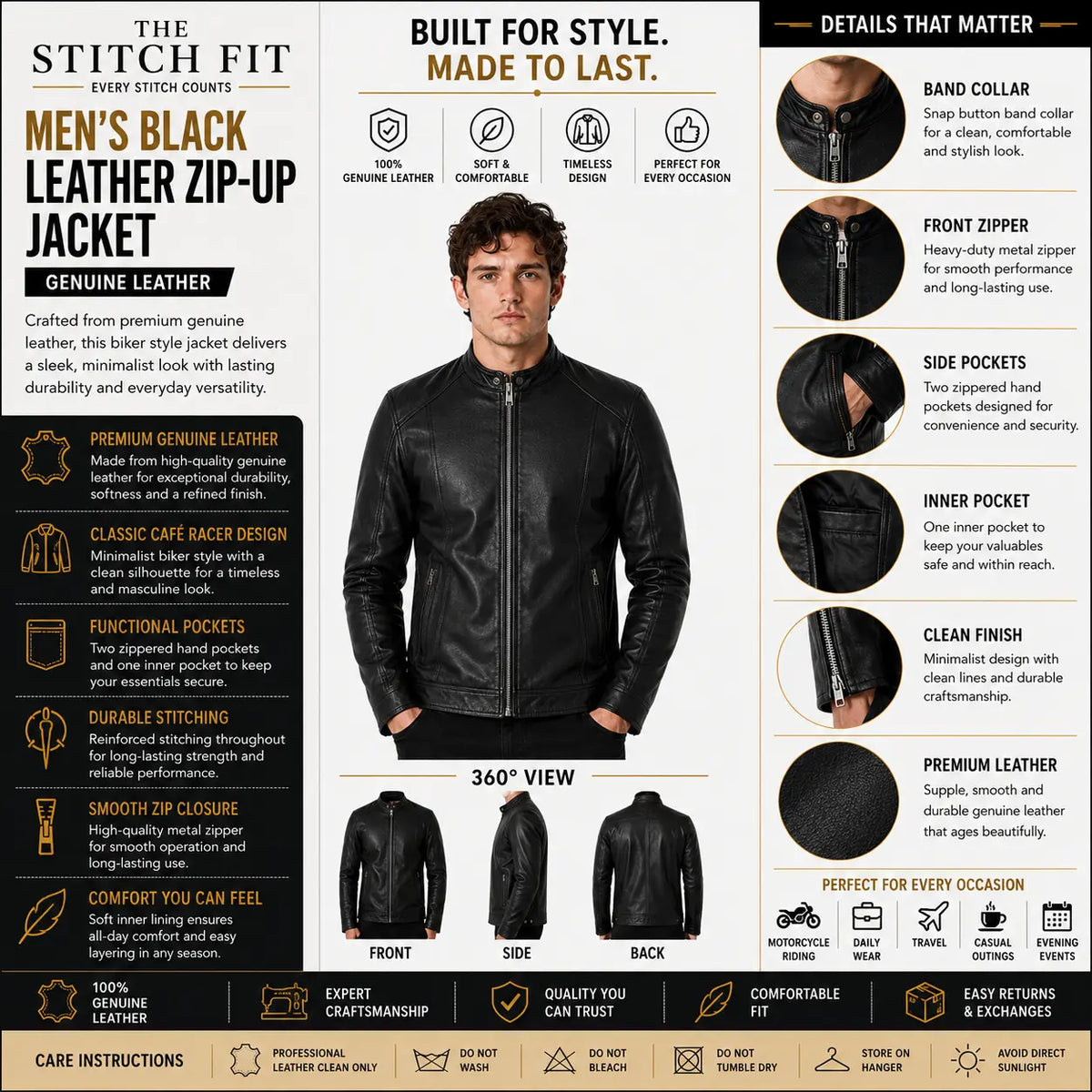 Black leather zip-up jacket with features and details on a white background