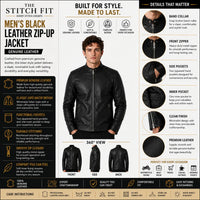 Black leather zip-up jacket with features and details on a white background