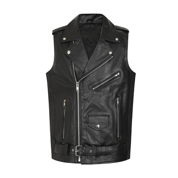Men's Leather Biker Vest with Zipper, Belted Waist | Black The Stitch Fit
