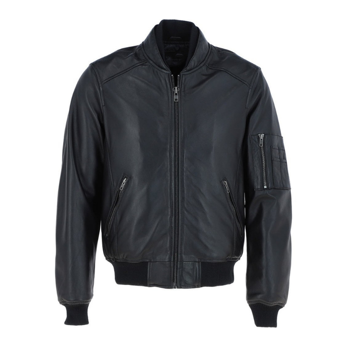 Men's Leather Bomber Jacket, Zip Front, Multiple Pockets | Black The Stitch Fit