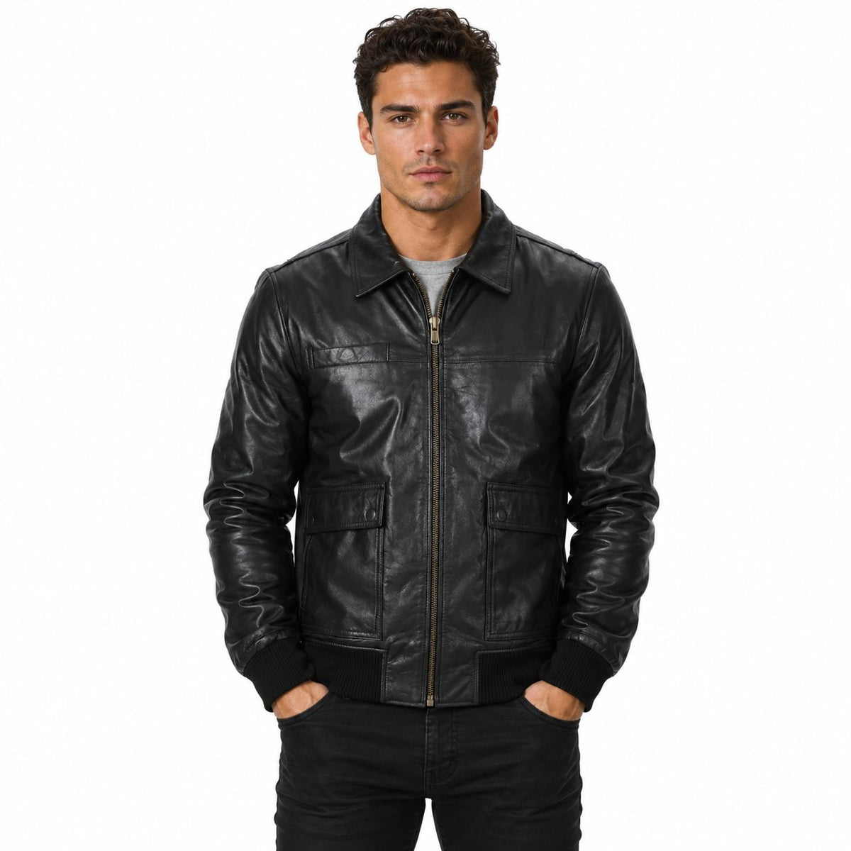 The Stitch Fit Men's Real Lambskin Leather Bomber Jacket – Black Genuine Leather Zip-Up Bomber Jacket