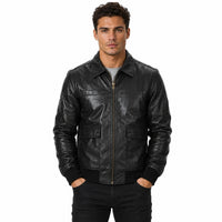 The Stitch Fit Men's Real Lambskin Leather Bomber Jacket – Black Genuine Leather Zip-Up Bomber Jacket