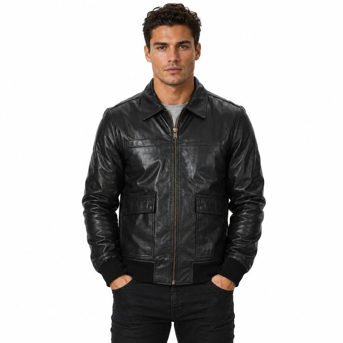 Men's Real Lambskin Leather Bomber Jacket | Black