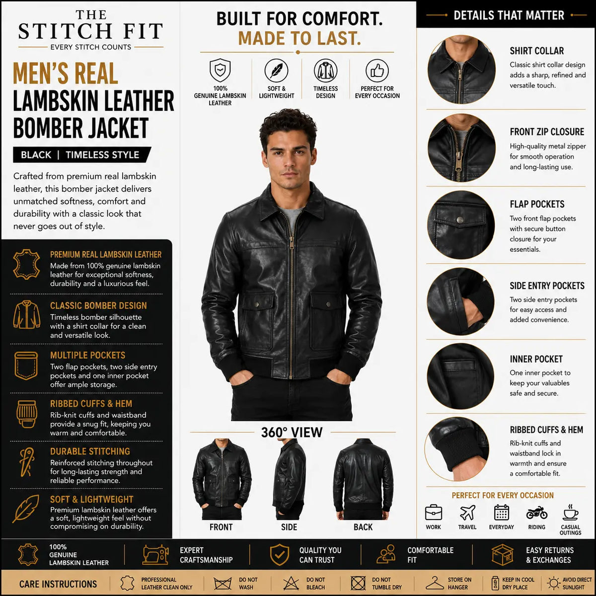 The Stitch Fit Men's Real Lambskin Leather Bomber Jacket – Black Genuine Leather Zip-Up Bomber Jacket