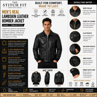 The Stitch Fit Men's Real Lambskin Leather Bomber Jacket – Black Genuine Leather Zip-Up Bomber Jacket