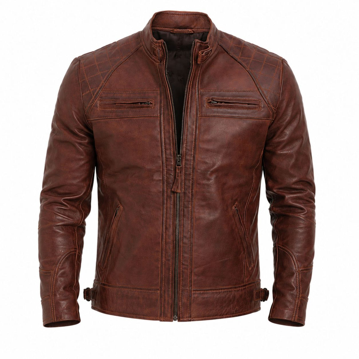 Brown leather jacket on a white background