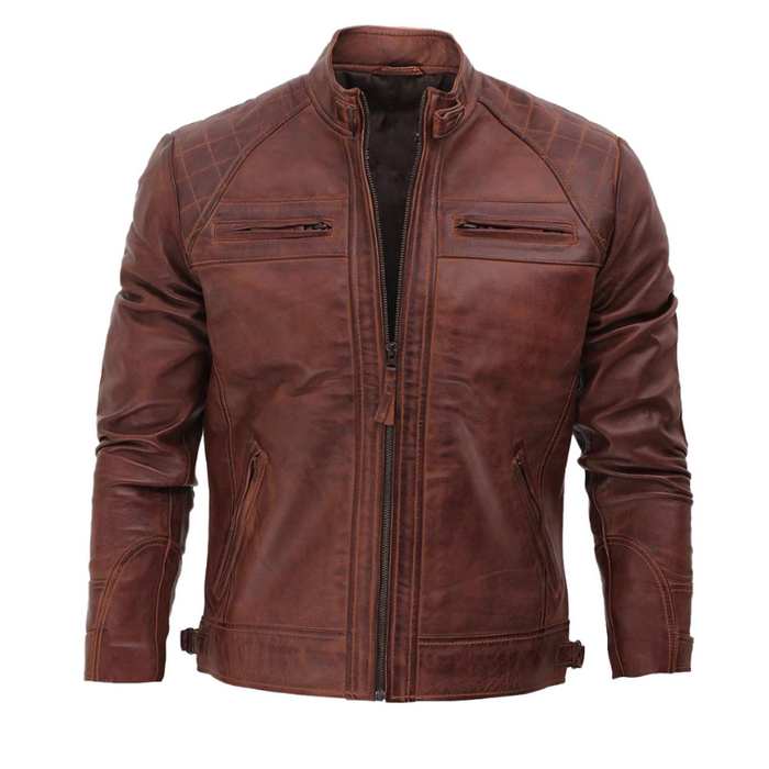Men's Distressed Biker Leather Jacket | Brown The Stitch Fit