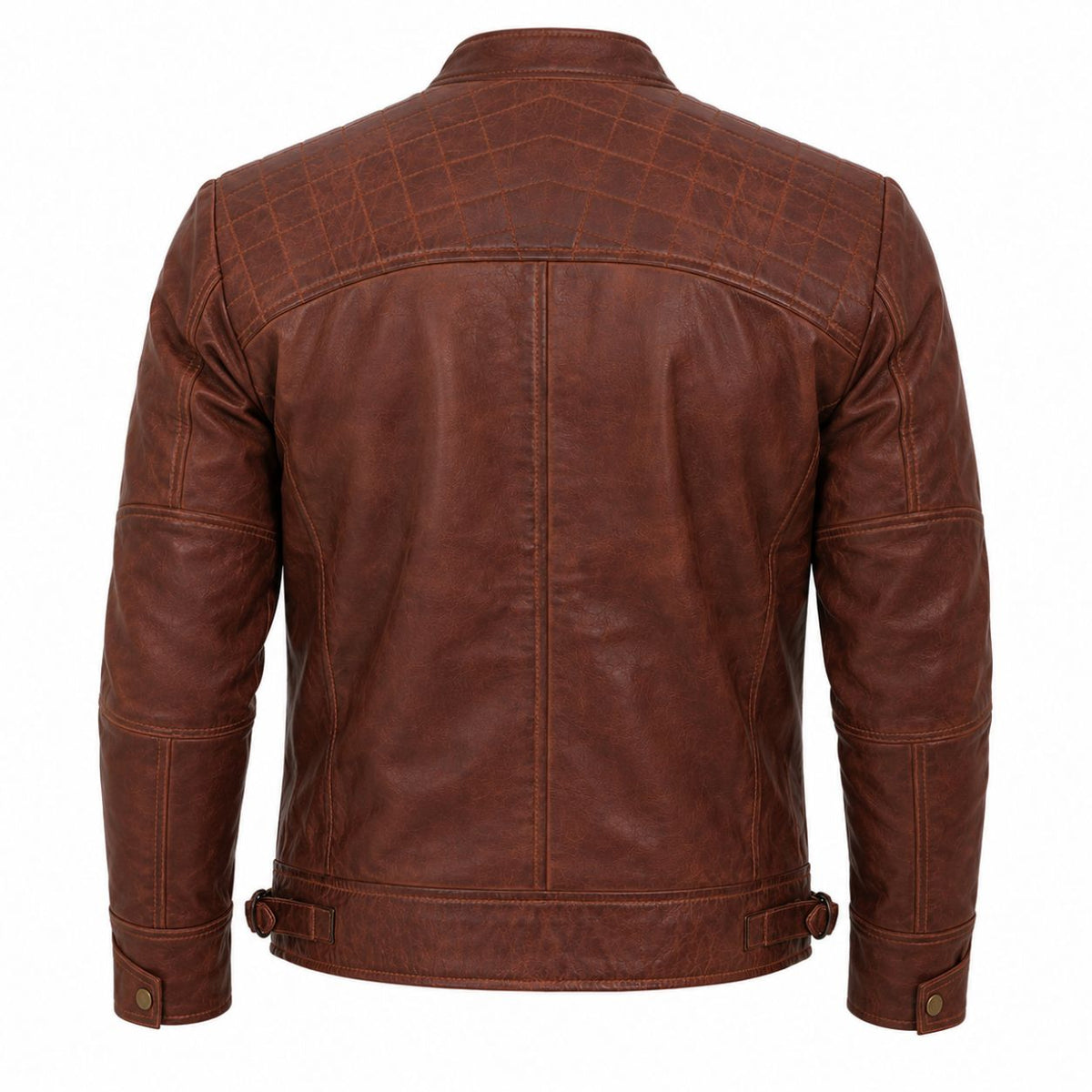 Brown leather jacket shown from the back on a white background