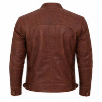 Brown leather jacket shown from the back on a white background