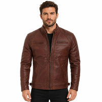 Man wearing a brown leather jacket on a white background