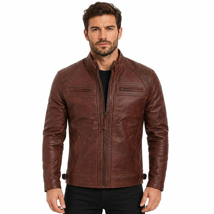 Man wearing a brown leather jacket on a white background