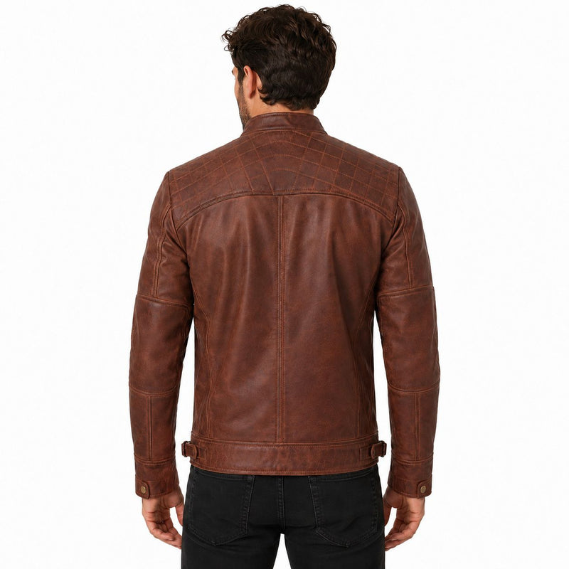 Man wearing a brown leather jacket on a white background