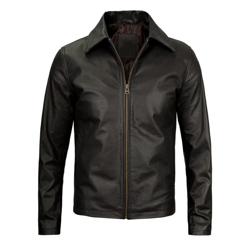 Men's Vintage Harrington Leather Jacket with Shirt Collar | Black The Stitch Fit