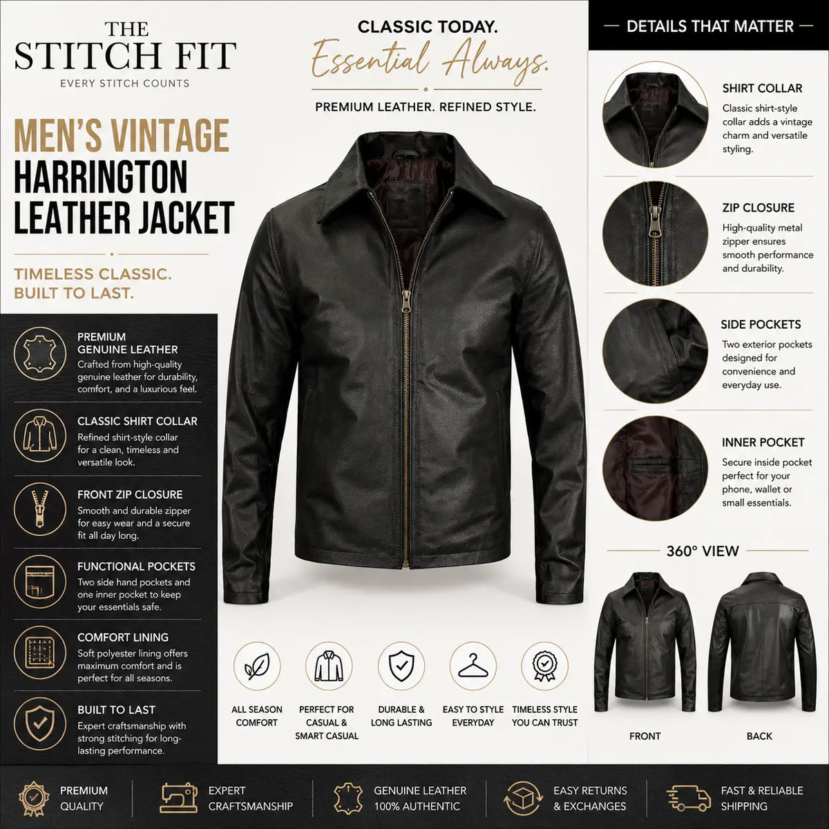 Men's vintage Harrington leather jacket with features and details on a white background