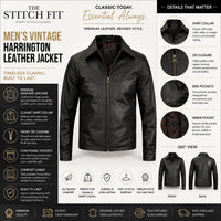 Men's vintage Harrington leather jacket with features and details on a white background